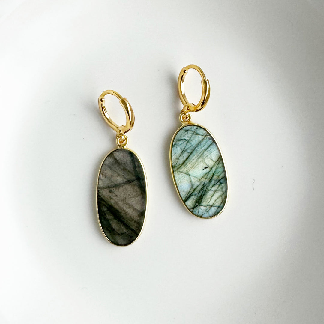 Statement Gemstone Slice Drop Earrings in Gold - Labradorite