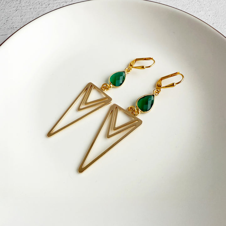Green Quartz and Layered Triangle Statement Earrings in Gold