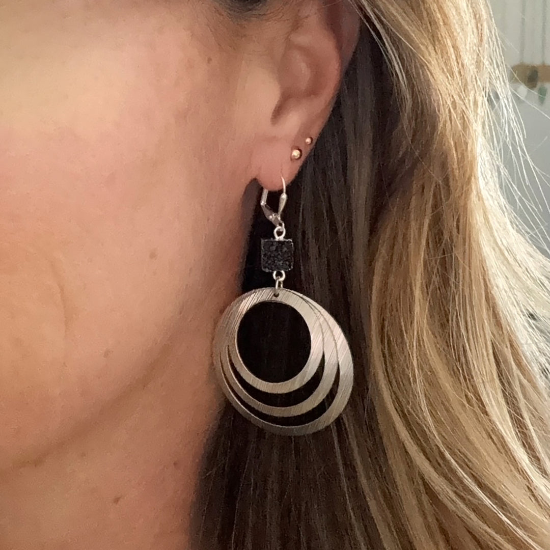 Black Druzy Layered Hoop Earrings in Brushed Silver