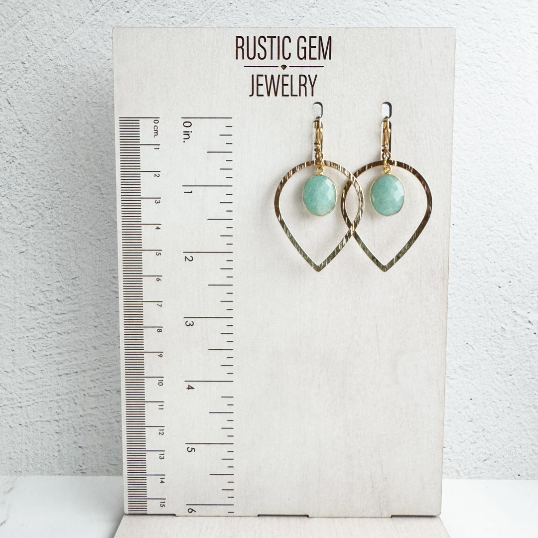 Amazonite Stone and Brushed Gold Inverted Teardrop Statement Earrings