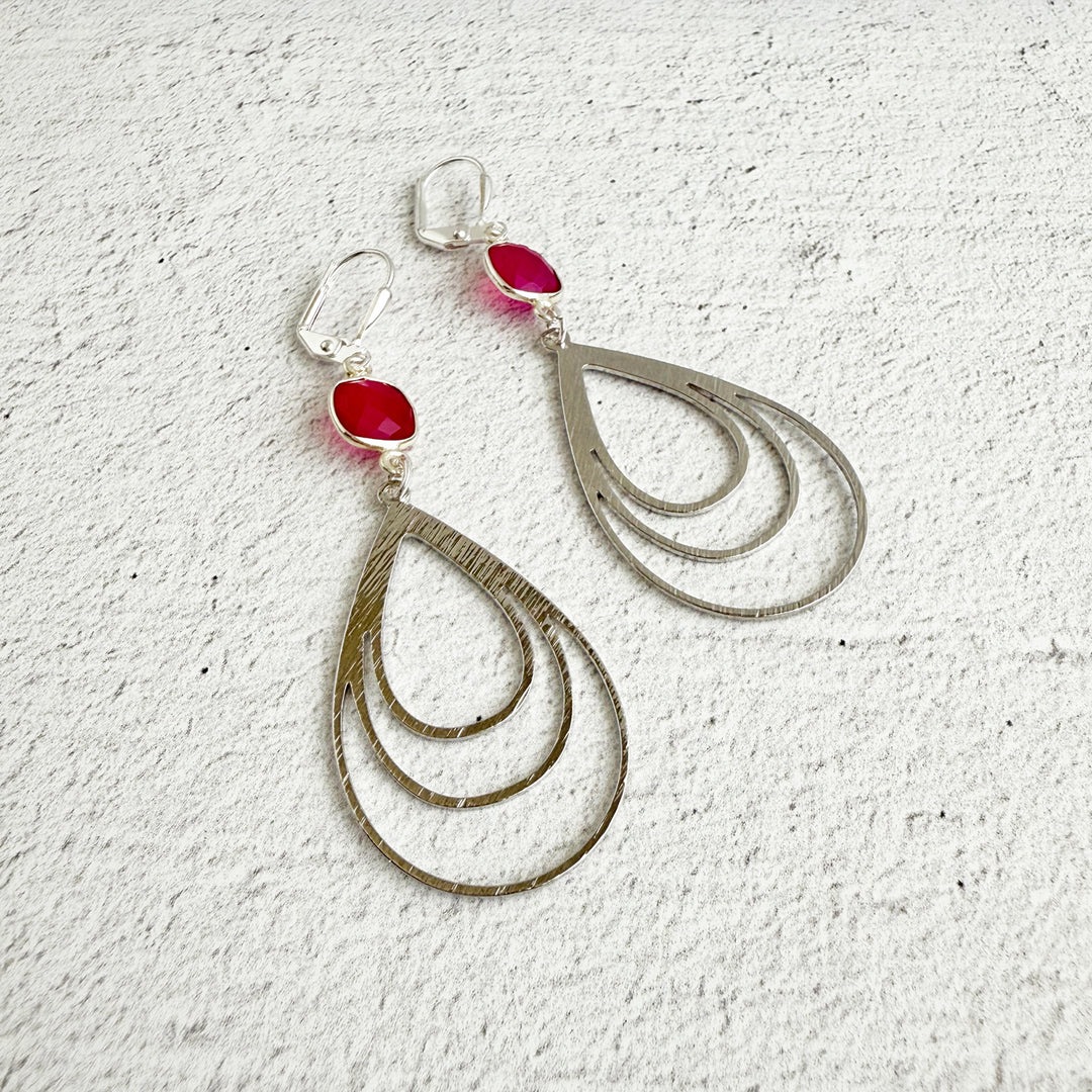 Fuchsia Chalcedony and Multiple Teardrop Earrings in Brushed Silver