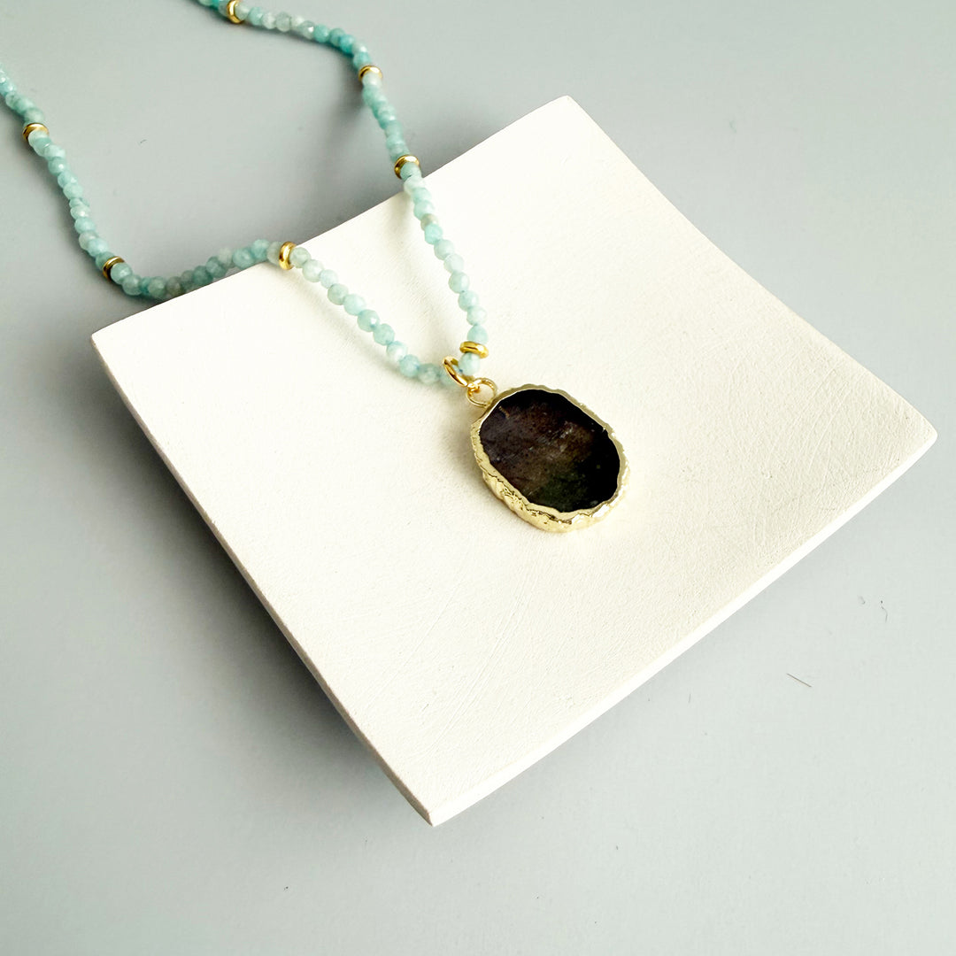 Labradorite Pendant and Amazonite Beaded Necklace in Gold