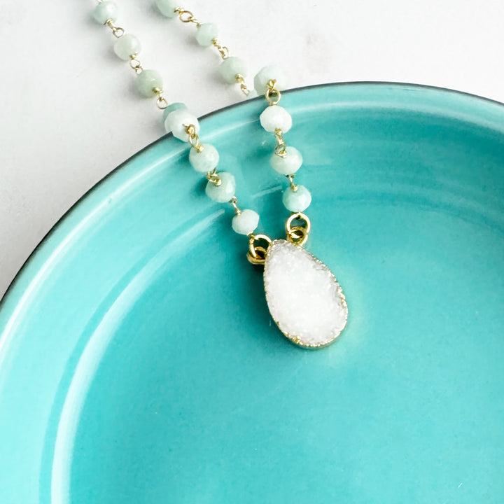 White Druzy Teardrop and Amazonite Beaded Necklace in Gold