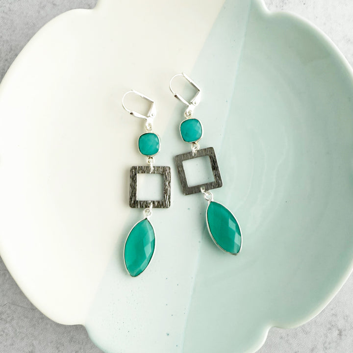 Aqua Chalcedony Marquise and Square Earrings in Brushed Silver