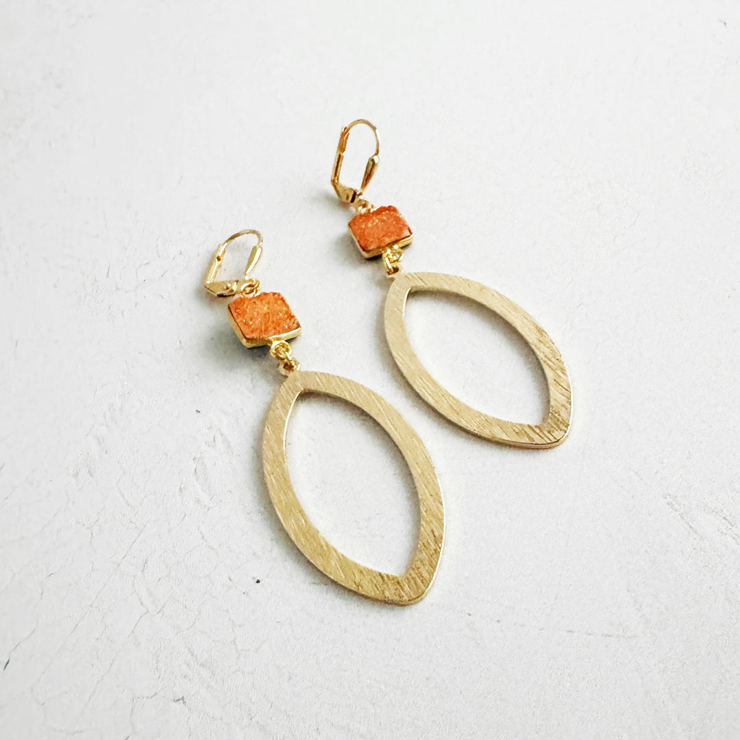 Orange Druzy Marquise Dangle Earrings in Brushed Gold