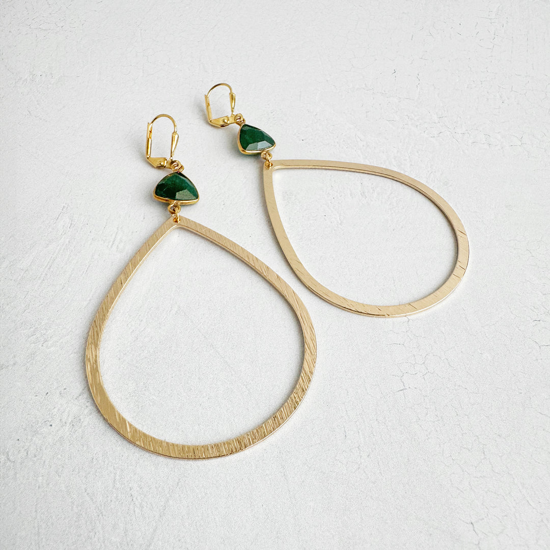 Large Emerald Teardrop Statement Earrings in Brushed Gold