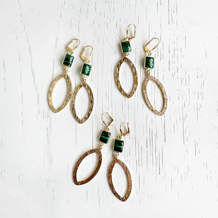 Green Malachite Marquise Earrings in Brushed Gold