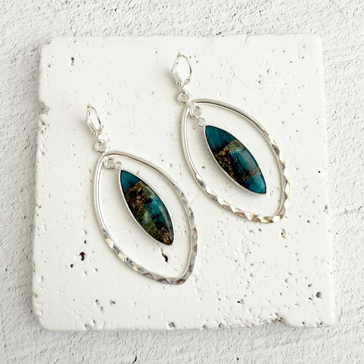 Teal Mojave and Hammered Marquise Dangle Earrings in Silver