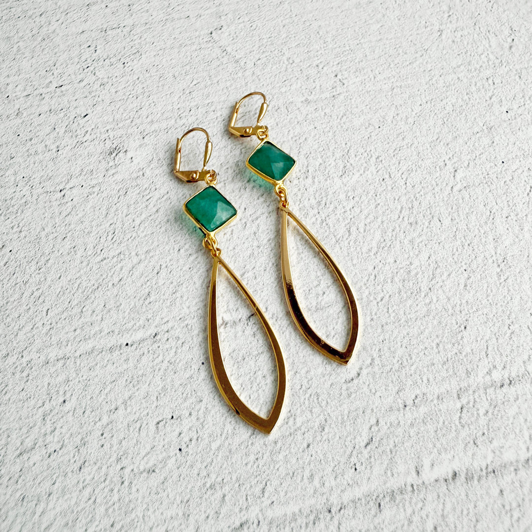 Raw Emerald and Open Marquise Earrings in Brushed Gold