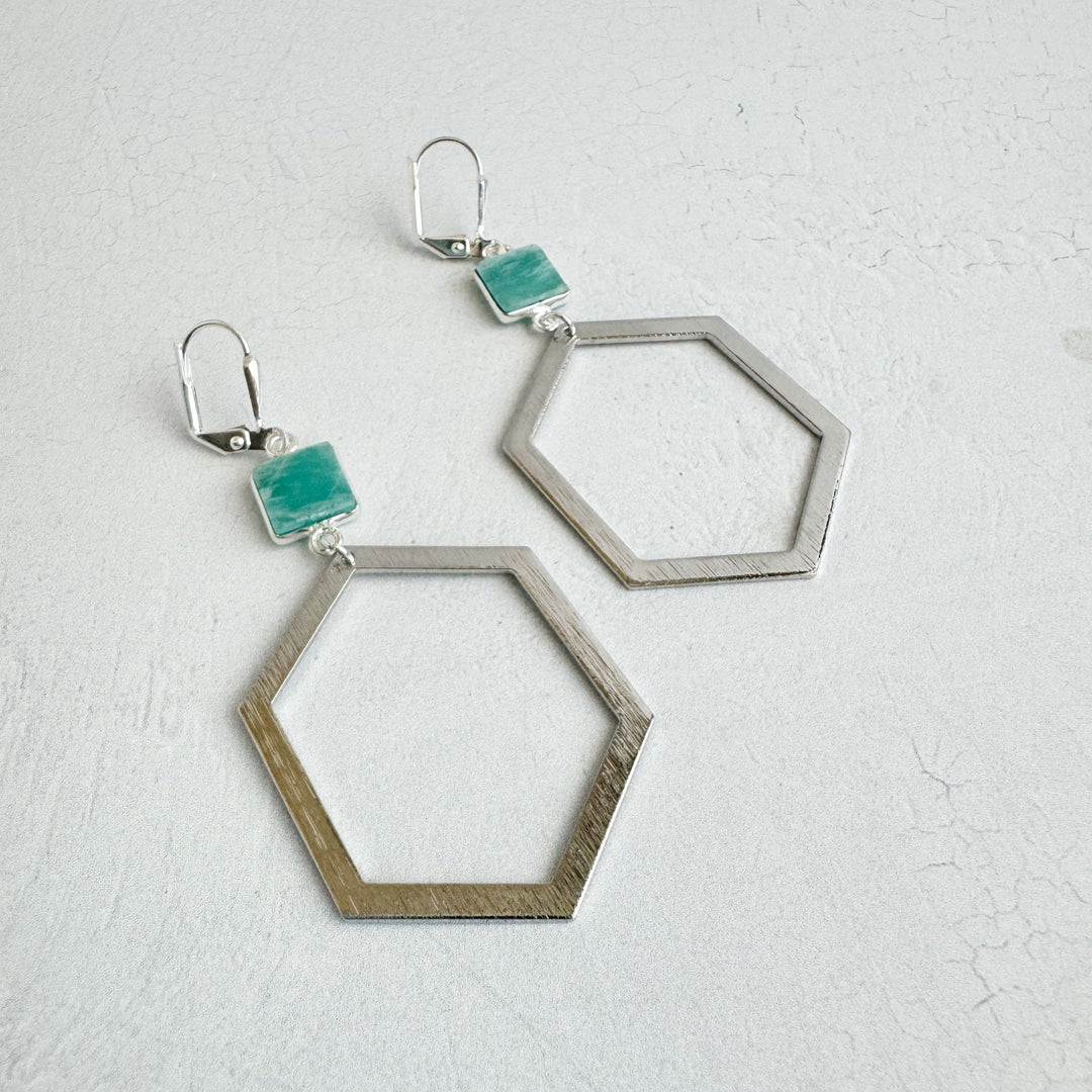 Brushed Silver Hexagon Earrings with Amazonite Stones