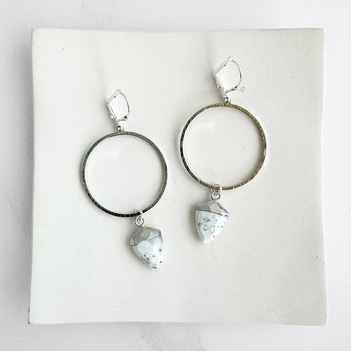 Dendrite Opal Hoop Dangle Earrings in Brushed Silver