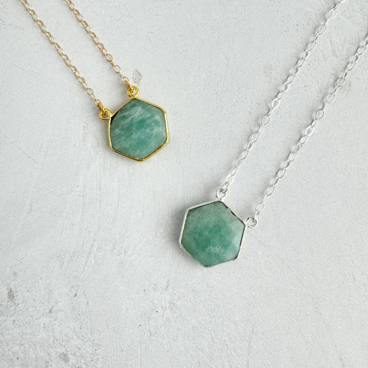 Amazonite Hexagon Bezel Necklace in Gold and Silver