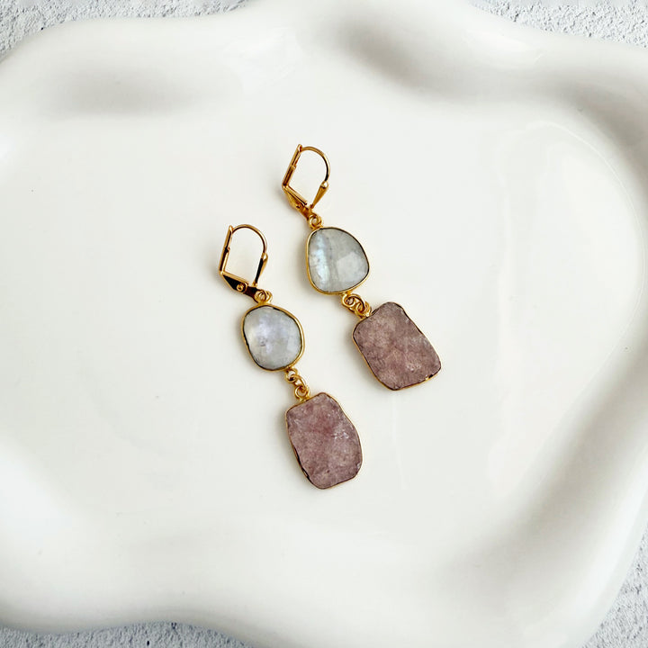 Long Freeform Gemstone Drop Earrings in Gold with Strawberry Quartz and Moonstone