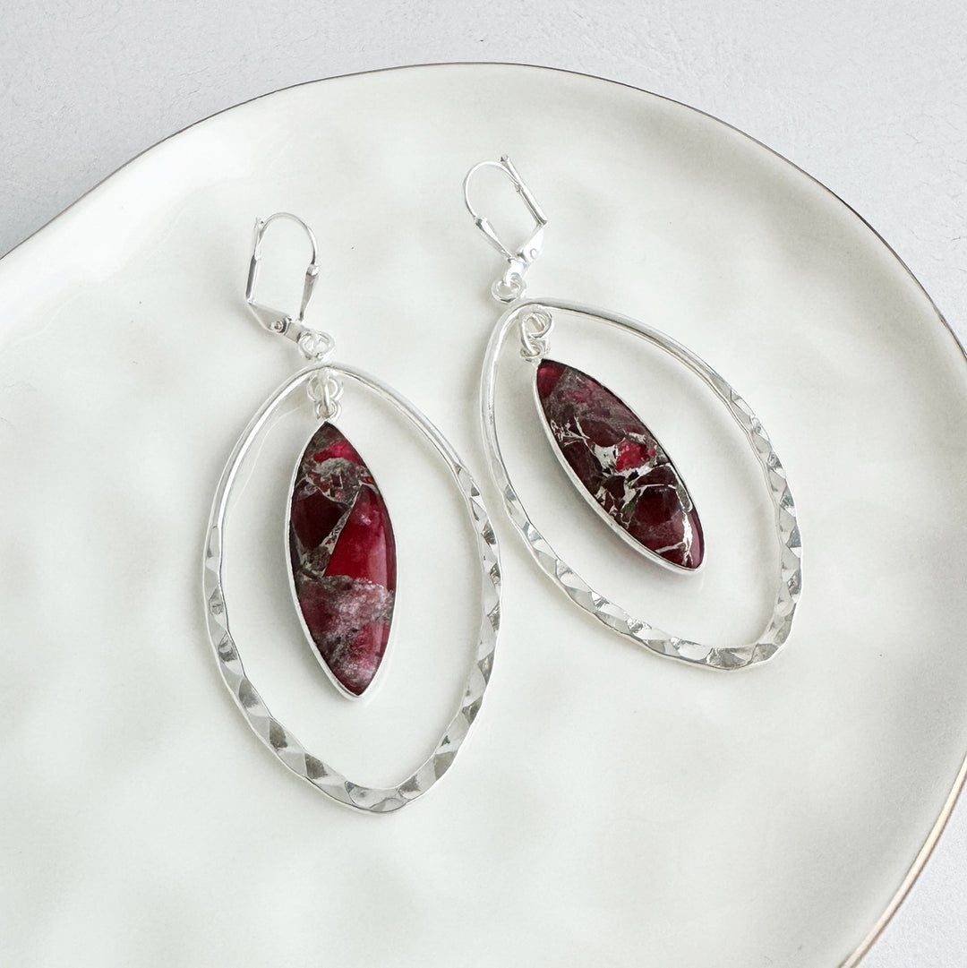 Burgundy Mojave Hammered Marquise Dangle Earrings in Silver