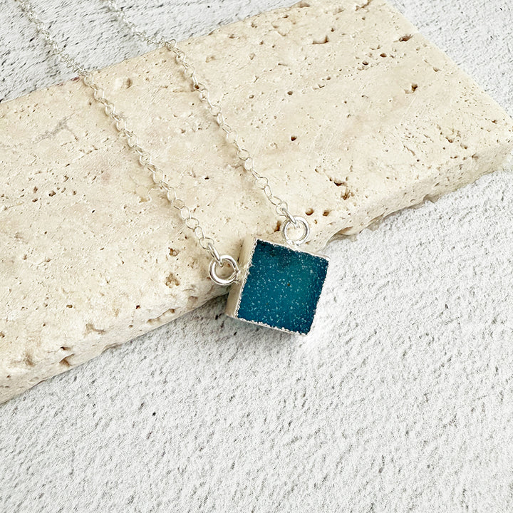 Blue Druzy Diamond Shape Pendant Necklace