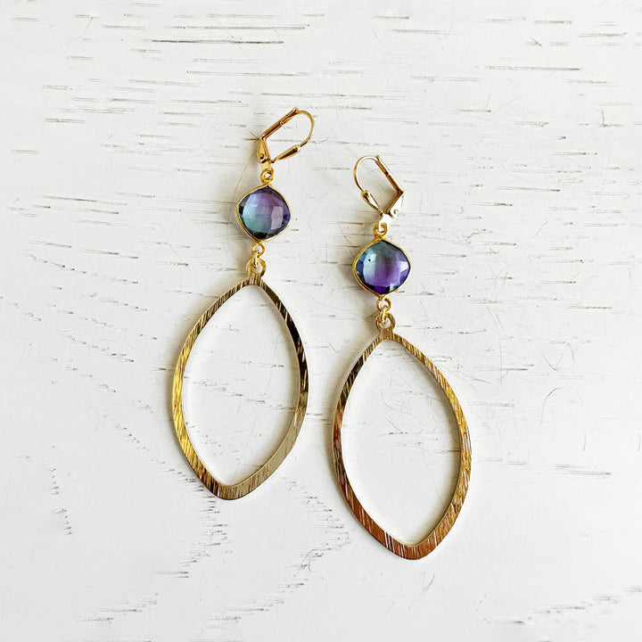 Large Marquise and Purple Aurora Stone Statement Earrings in Brushed Gold