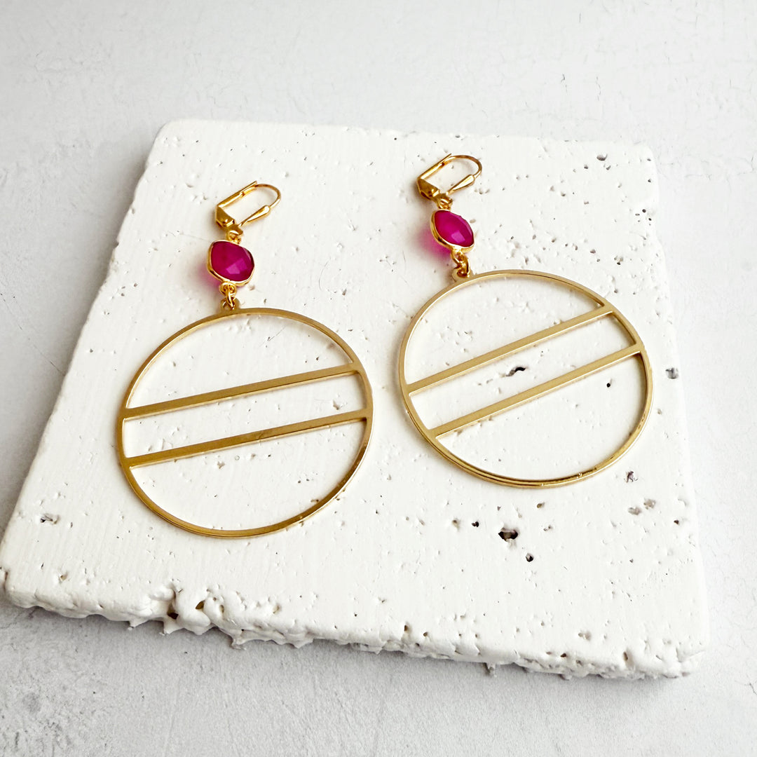 Fuchsia Chalcedony Geometric Hoop Earrings in Gold