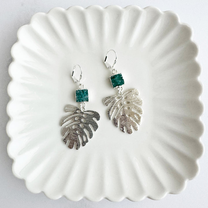 Teal Druzy Monstera Earrings in Brushed Silver