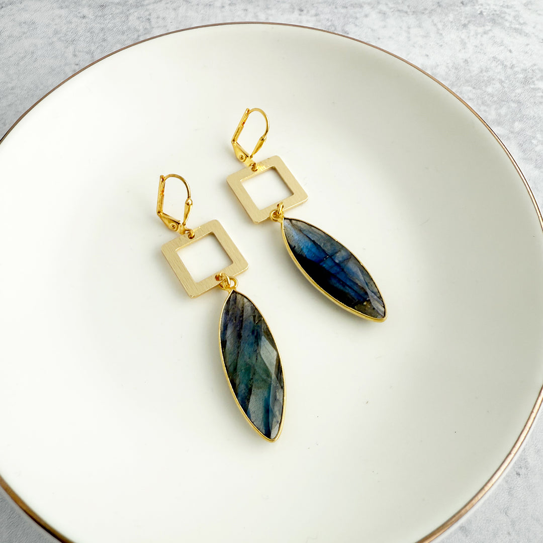 Labradorite Marquise and Square Dangle Earrings in Brushed Gold