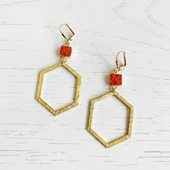 Orange Druzy Hexagon Statement Earrings in Brushed Brass Gold