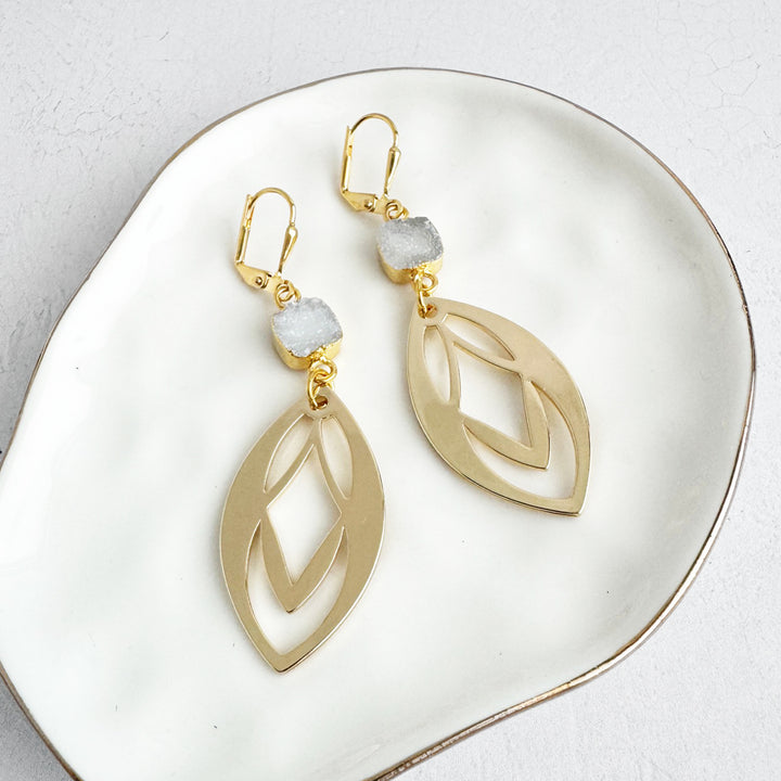 White Druzy Celtic Dangle Earrings in Gold