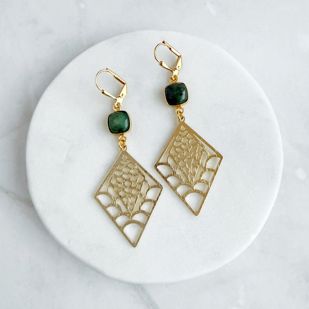 Emerald and Webbed Diamond Dangle Earrings