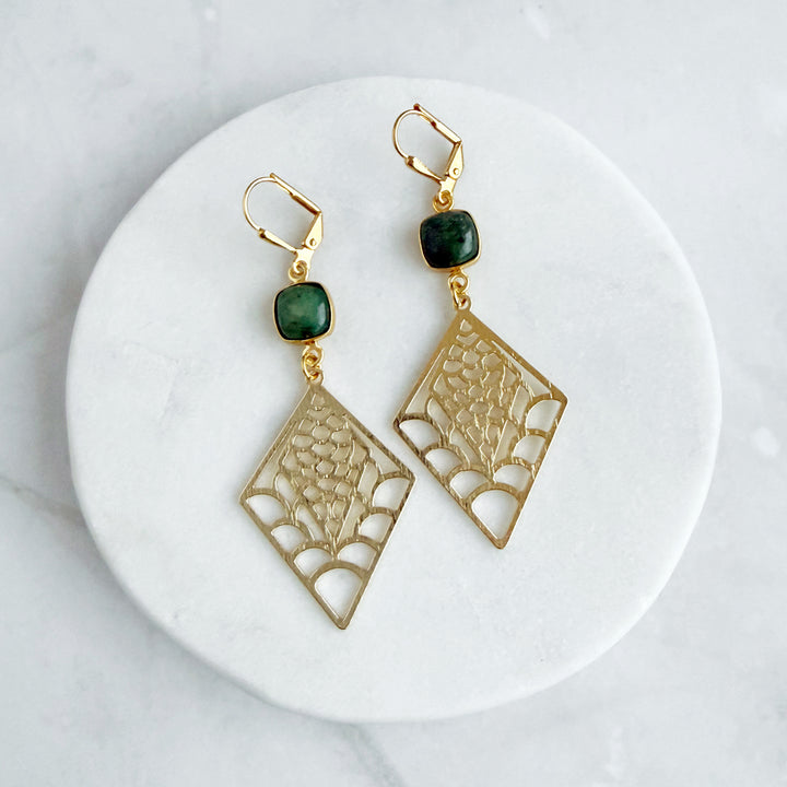 Emerald and Webbed Diamond Dangle Earrings