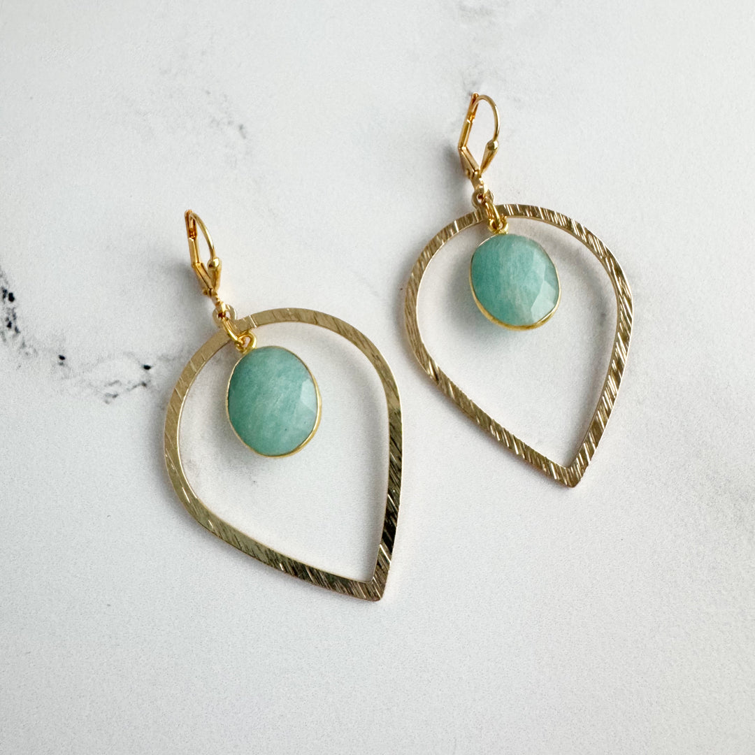 Amazonite Stone and Brushed Gold Inverted Teardrop Statement Earrings