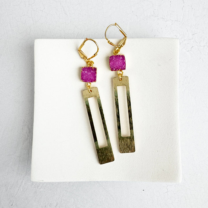 Pink Druzy Rectangle Dangle Earrings in Brushed Gold