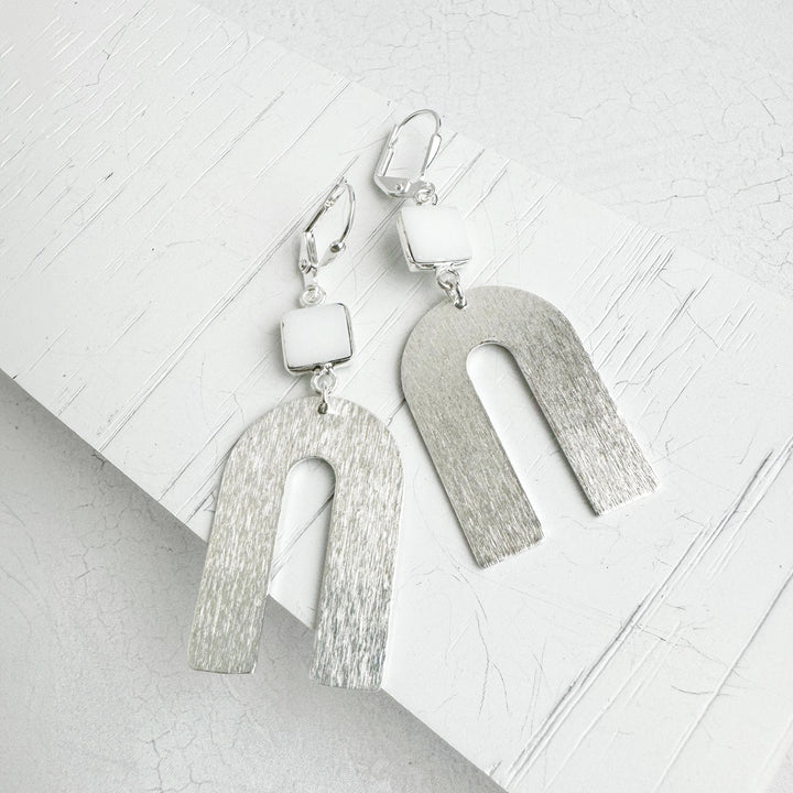 White Agate Horseshoe Earrings in Brushed Silver