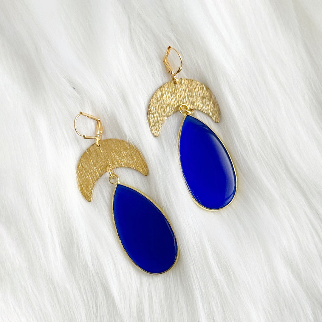 Large Blue Stone Crescent Dangle Earrings in Brushed Gold