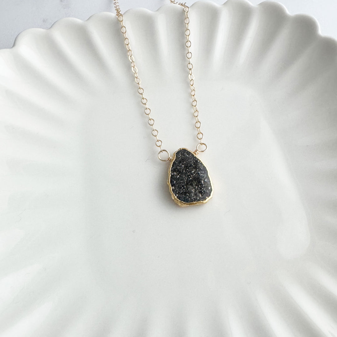 Gemstone Slice Necklace in Gold. Goldstone Slice Gemstone Necklace. Black Stone Layering Necklace