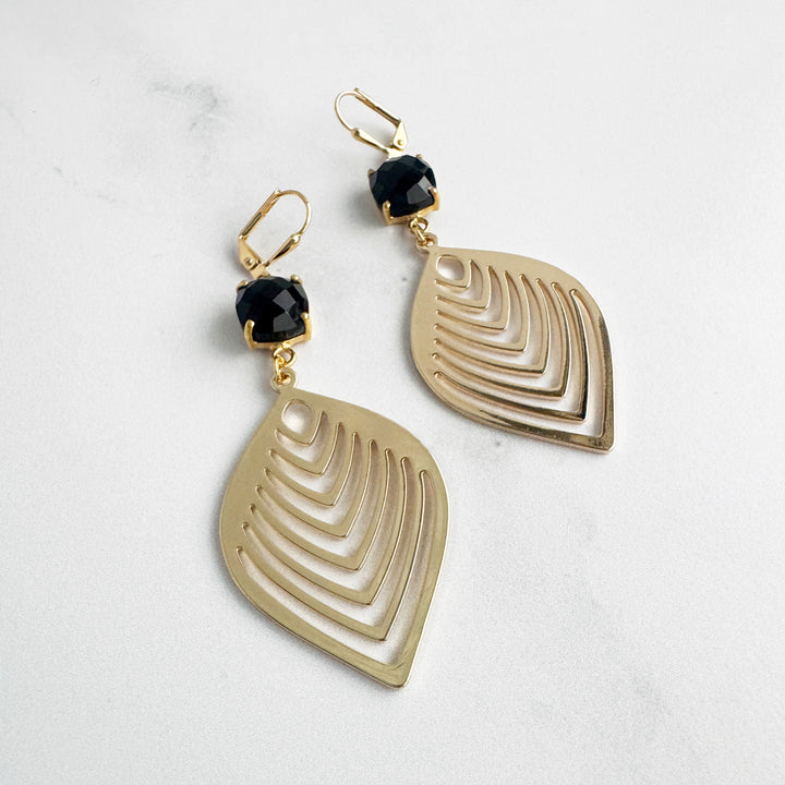 Black Onyx Prong Marquise Leaf Earrings in Gold