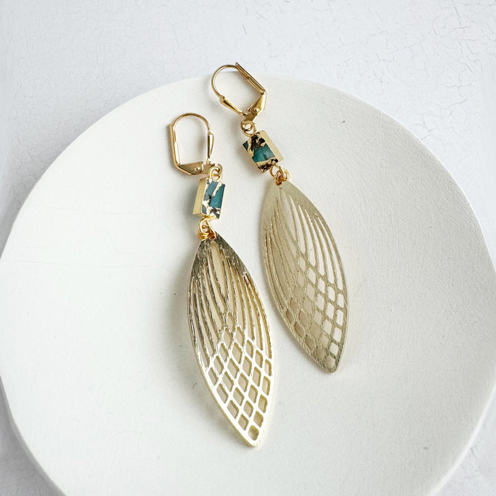 Teal Mojave Marquise Earrings in Brushed Gold