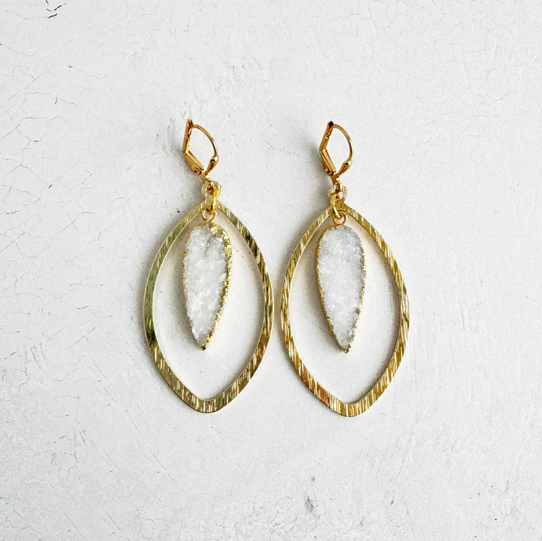 White Druzy Marquise Dangle Earrings in Brushed Gold