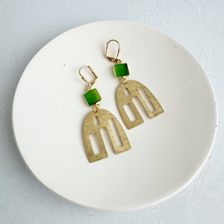 Green Stone and Brushed Brass Unique Dangle Earrings