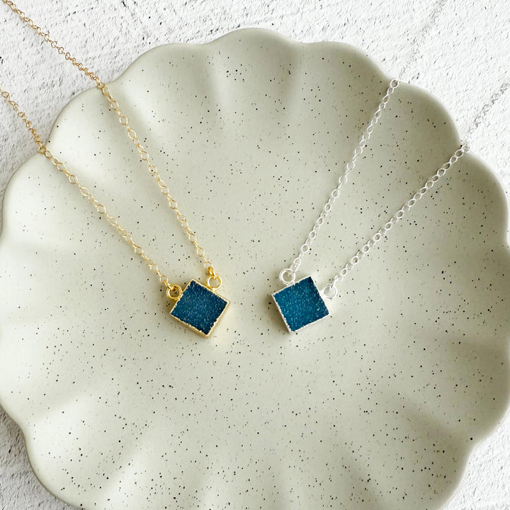 Blue Druzy Diamond Shape Pendant Necklace