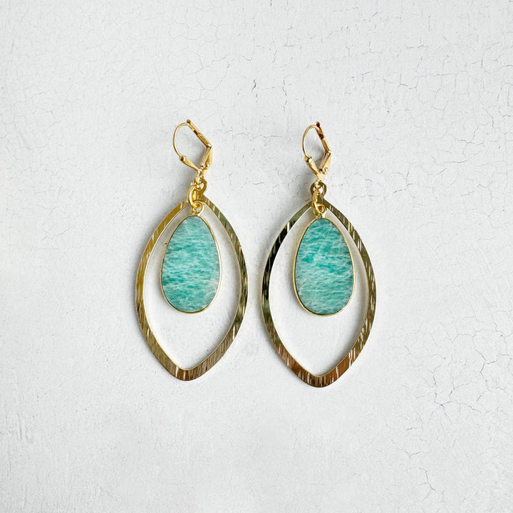 Amazonite Marquise Dangle Earrings in Brushed Gold