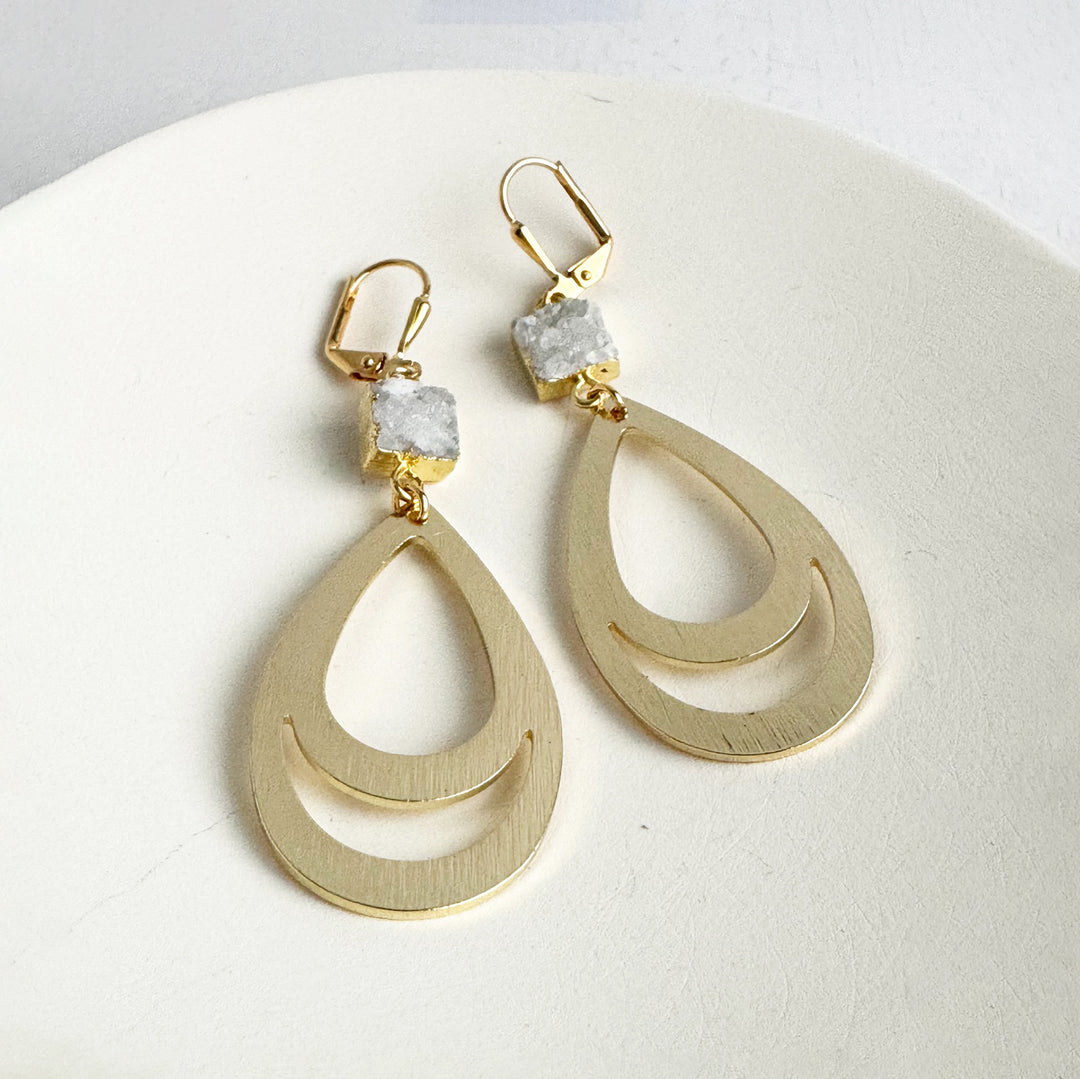 White Gray Druzy Teardrop Earrings in Brushed Gold