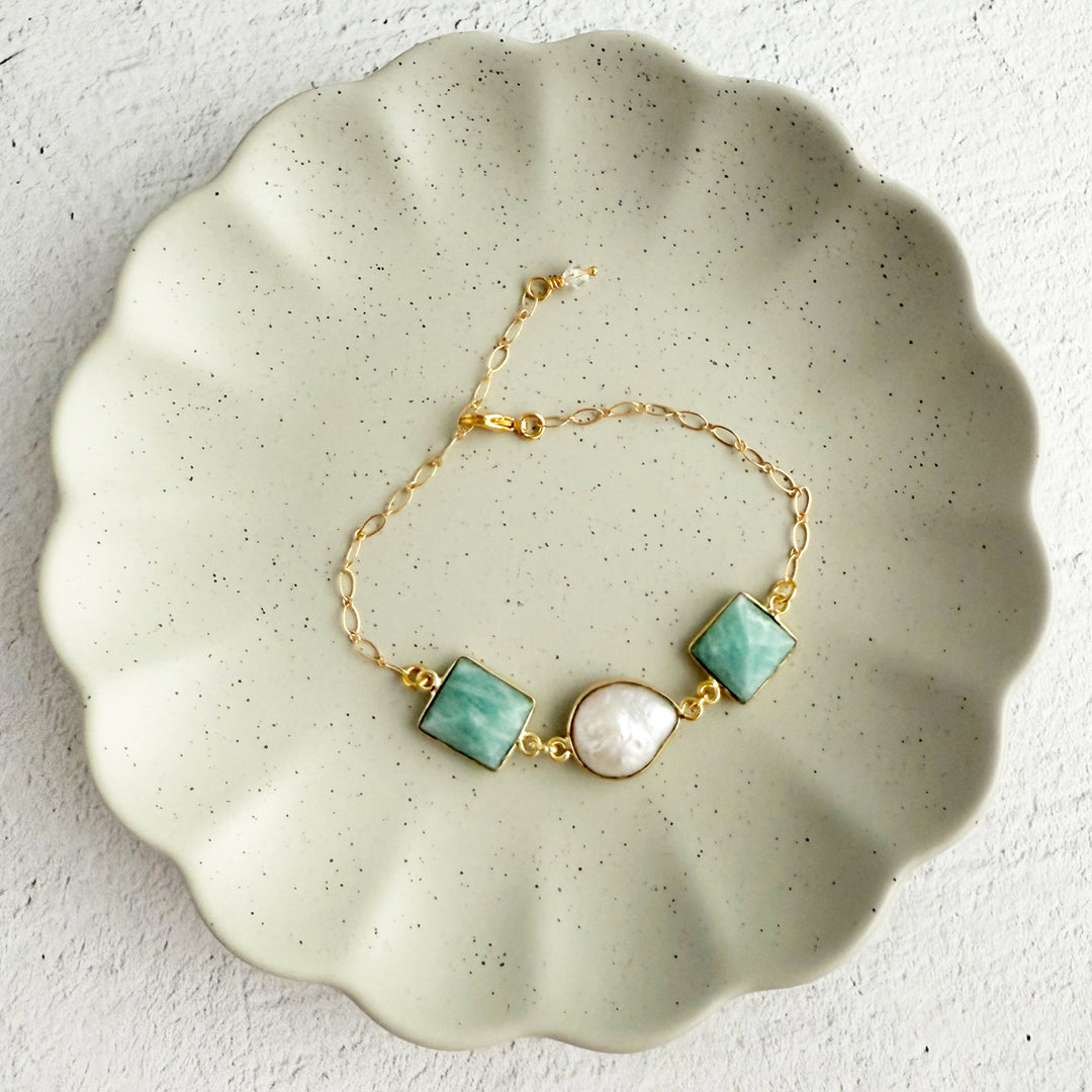 Triple Jewel Bracelet in Gold with Amazonite and Mother of Pearl
