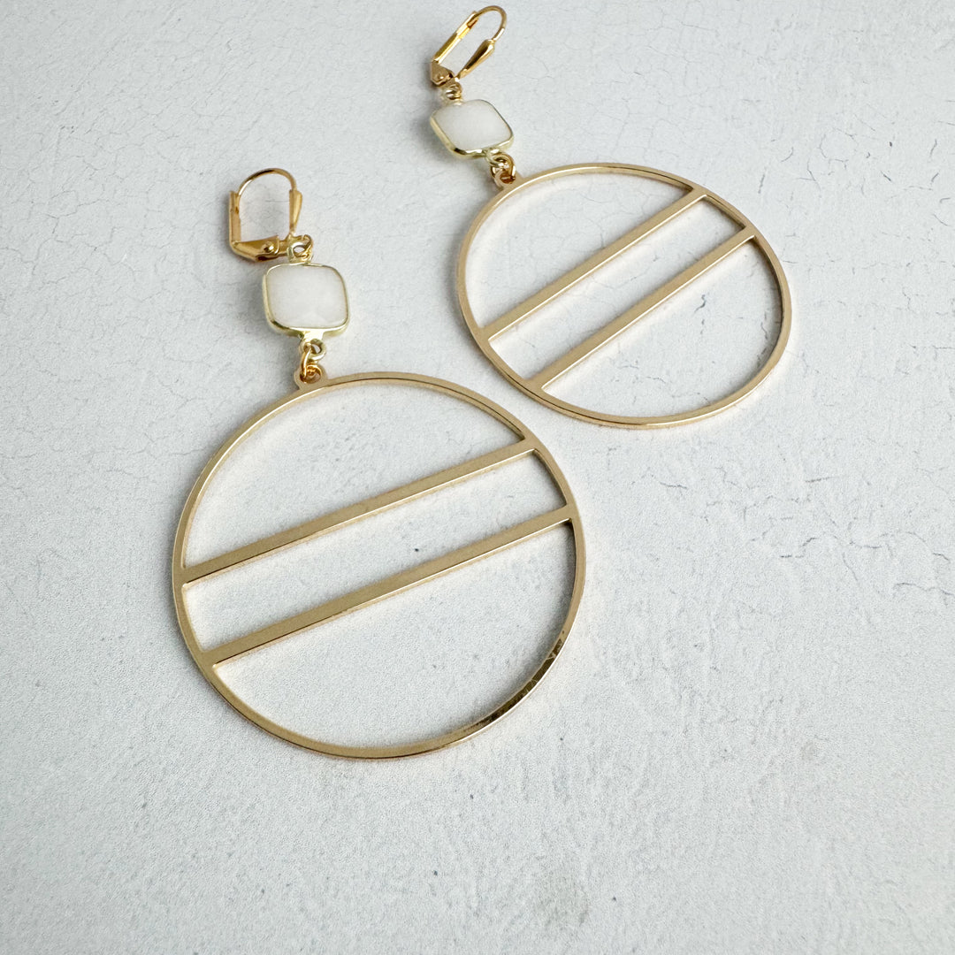 Geometric Hoop Earrings with White Quartz Stones