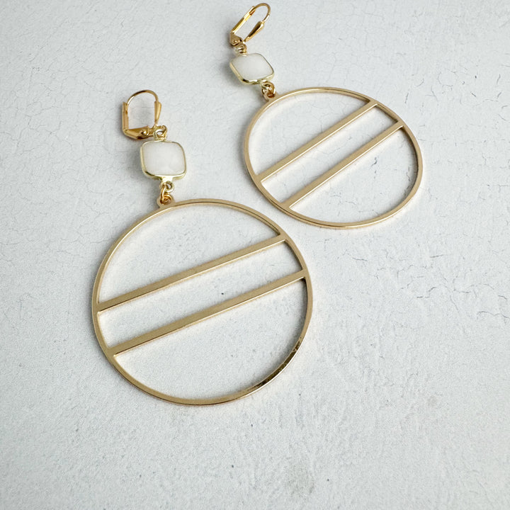 Geometric Hoop Earrings with White Quartz Stones