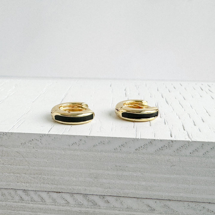 Black Enamel Huggie Earrings in 18k Gold