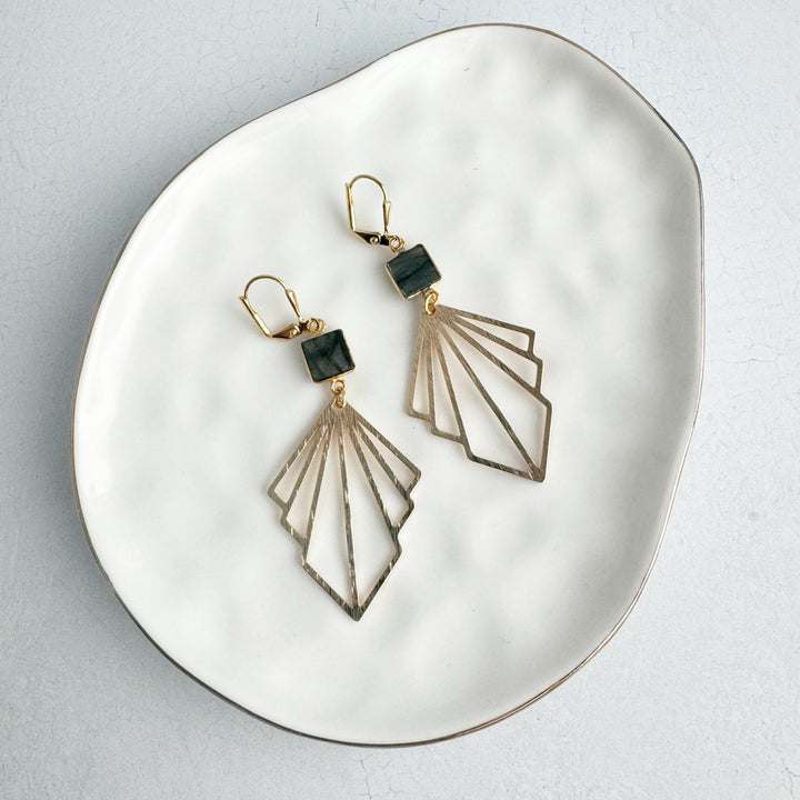 Brushed Fan and Labradorite Gemstone Statement Earrings in Silver and Gold