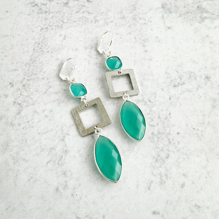 Aqua Chalcedony Marquise and Square Earrings in Brushed Silver