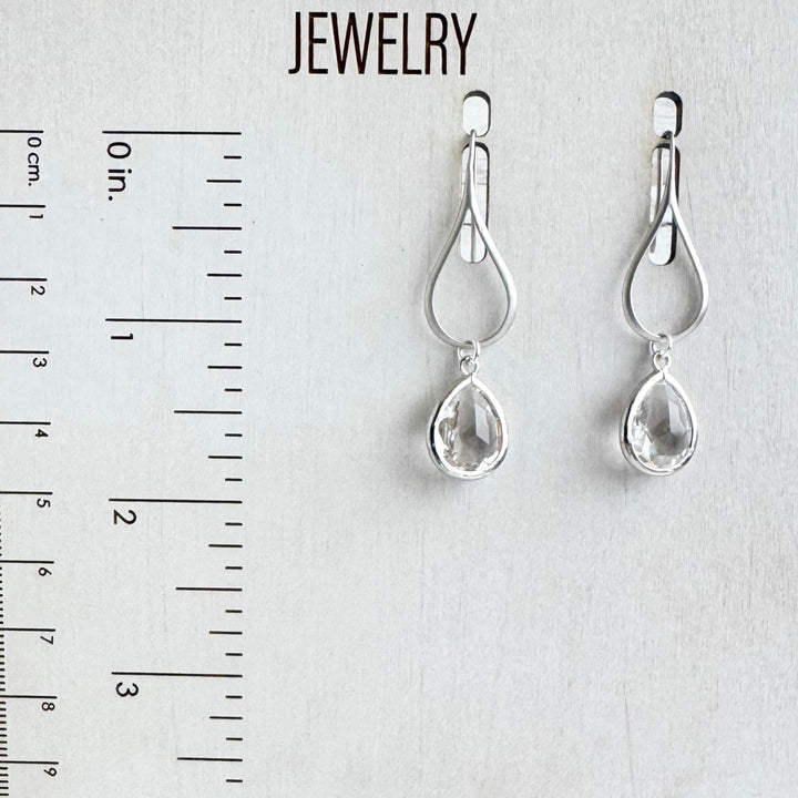 Clear Stone Drop Earrings on Teardrop Earwires in Silver