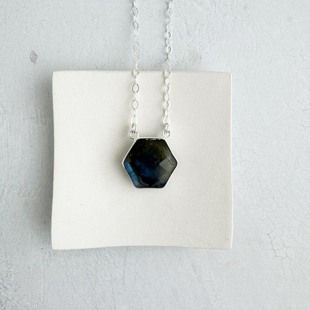 Labradorite Hexagon Bezel Necklace in Gold and Silver