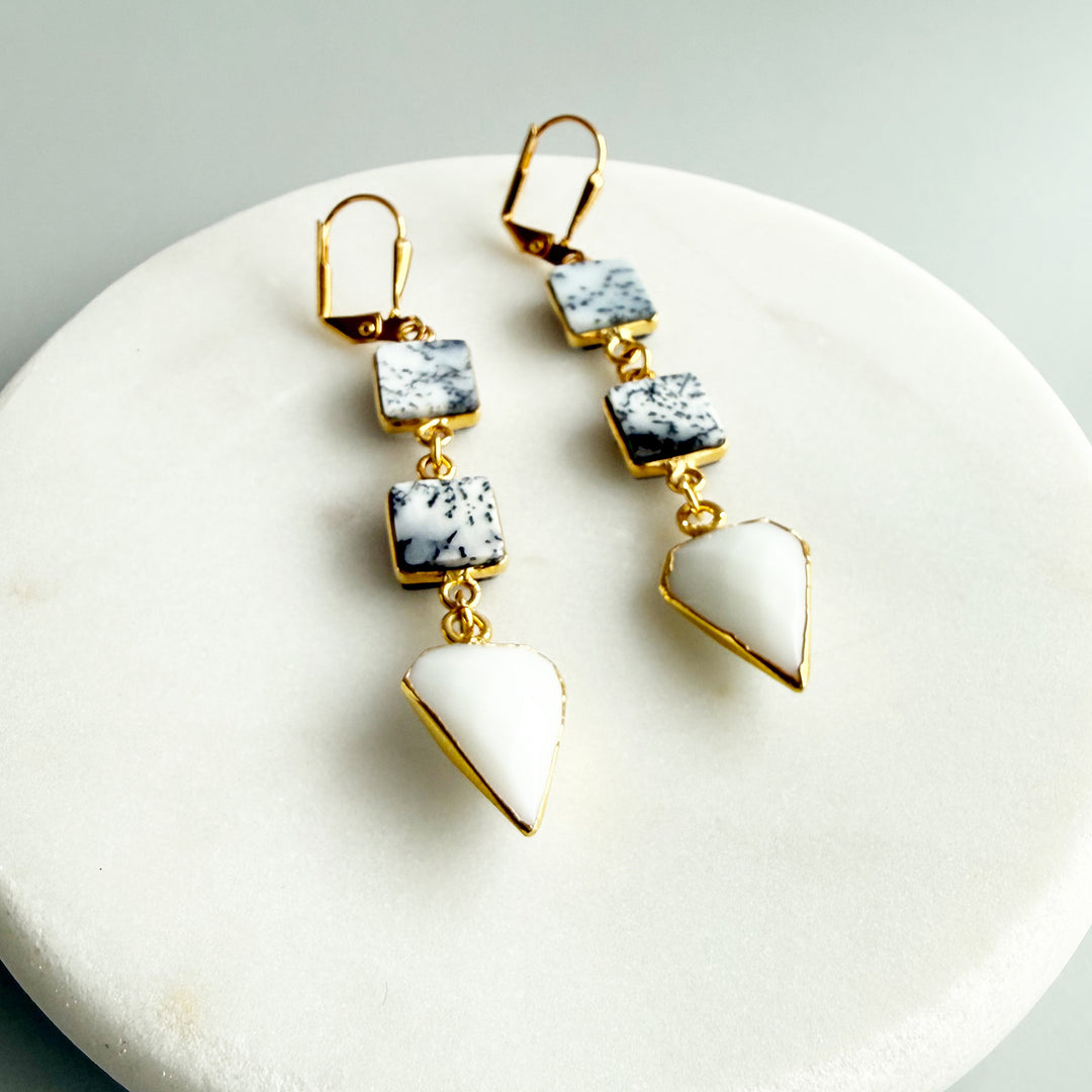 White Agate & Dendrite Opal Gemstone Drop Earrings in Gold