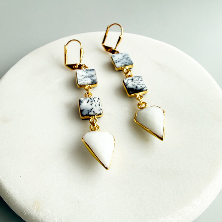 White Agate & Dendrite Opal Gemstone Drop Earrings in Gold
