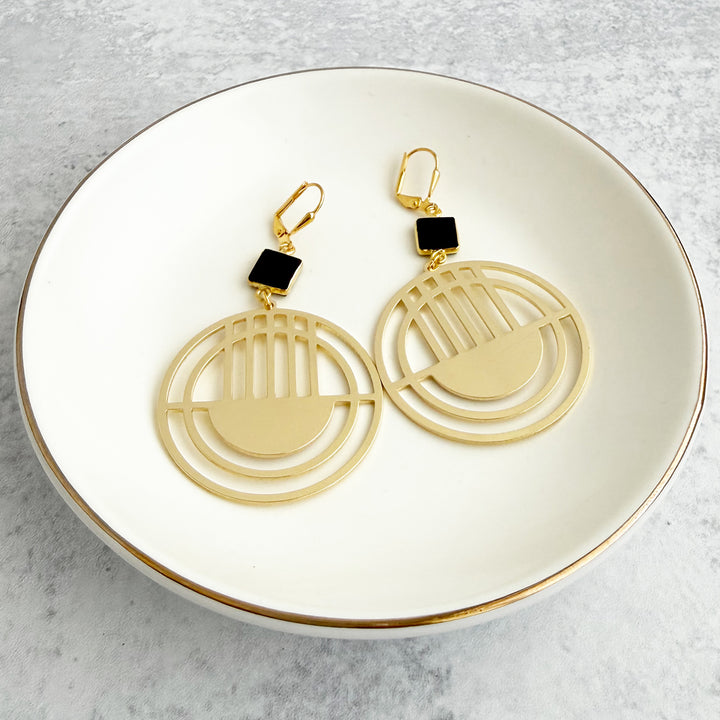 Geometric Hoop Earrings with Black Onyx Stones